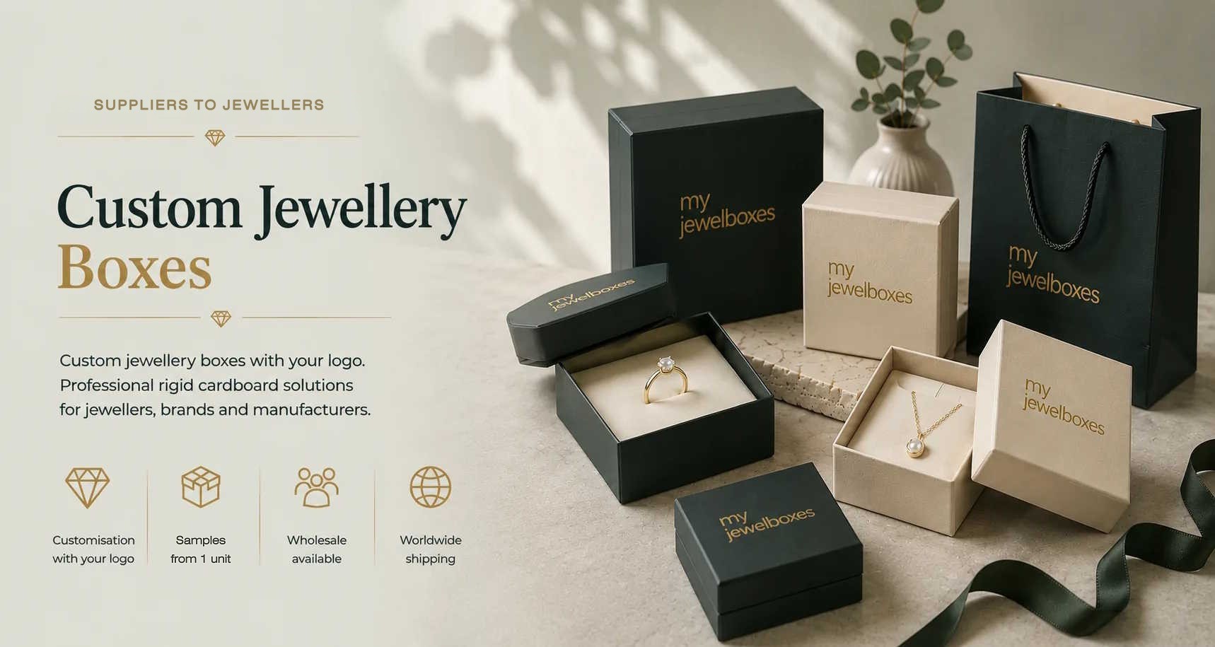 Custom jewellery boxes made from rigid cardboard with logo printing for jewellers and jewellery brands MyJewelBoxes